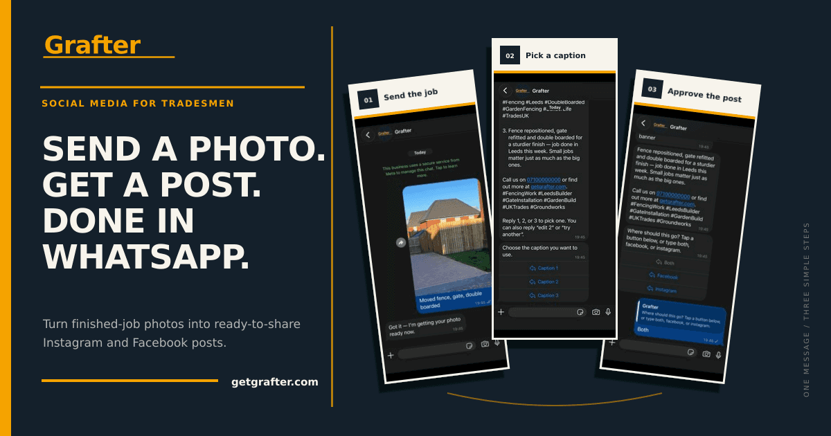 Grafter helps tradesmen turn finished-job photos into social posts through WhatsApp