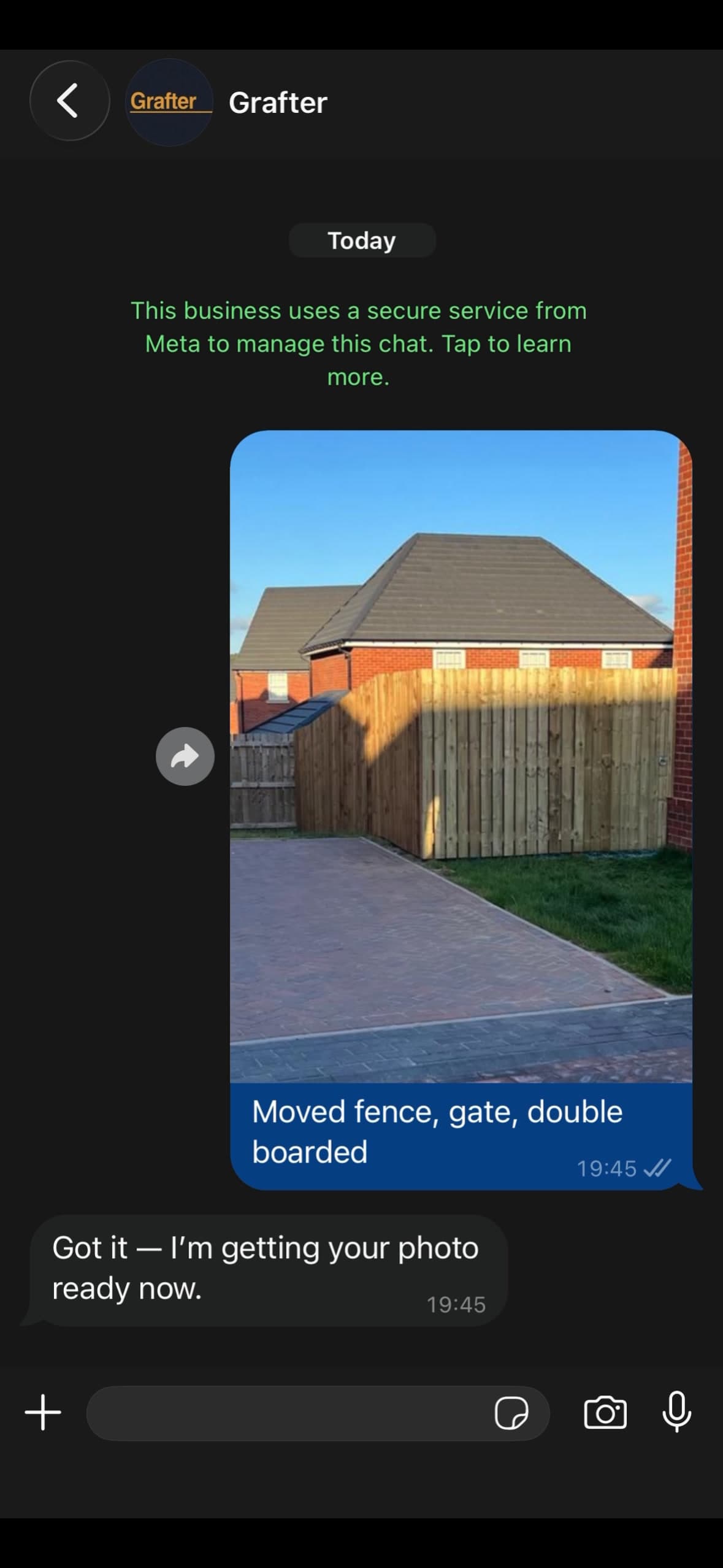 A completed fencing job sent to Grafter on WhatsApp