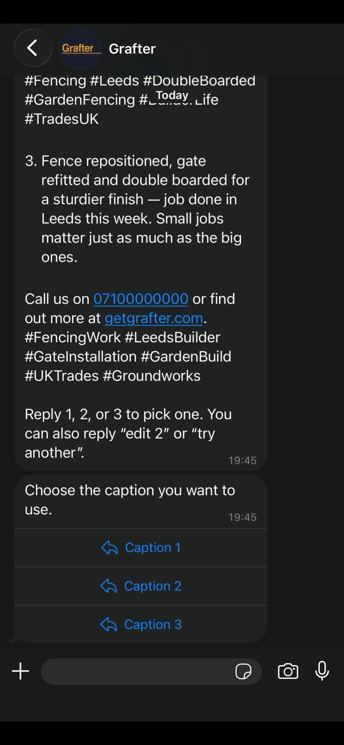 Three caption options returned by Grafter for a fencing job