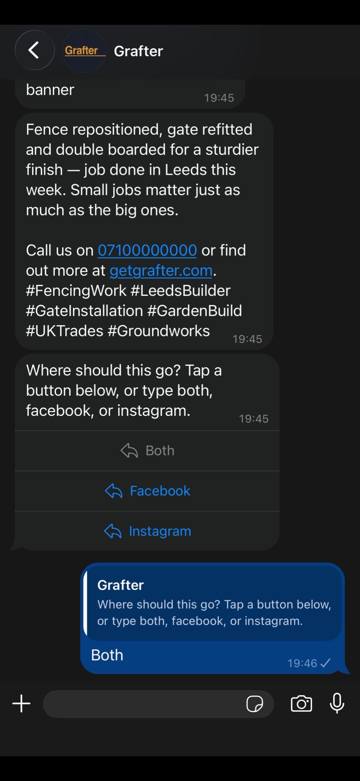 A Grafter WhatsApp conversation choosing where to publish the approved fencing post