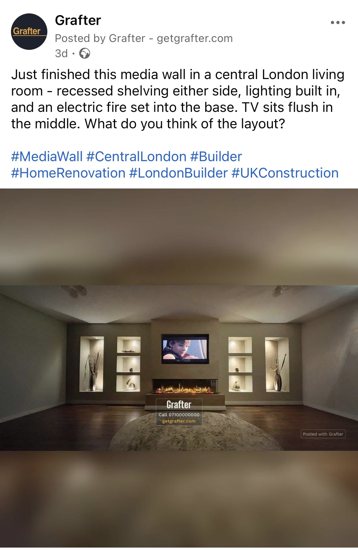 Grafter Facebook post showing a completed media wall with recessed shelving, built-in lighting and an electric fire in a central London living room